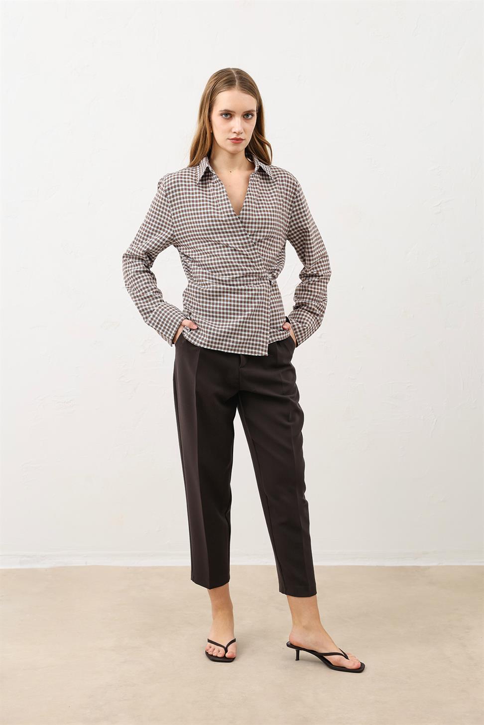 Womens Checkered Shirt with a Cross-Front Design