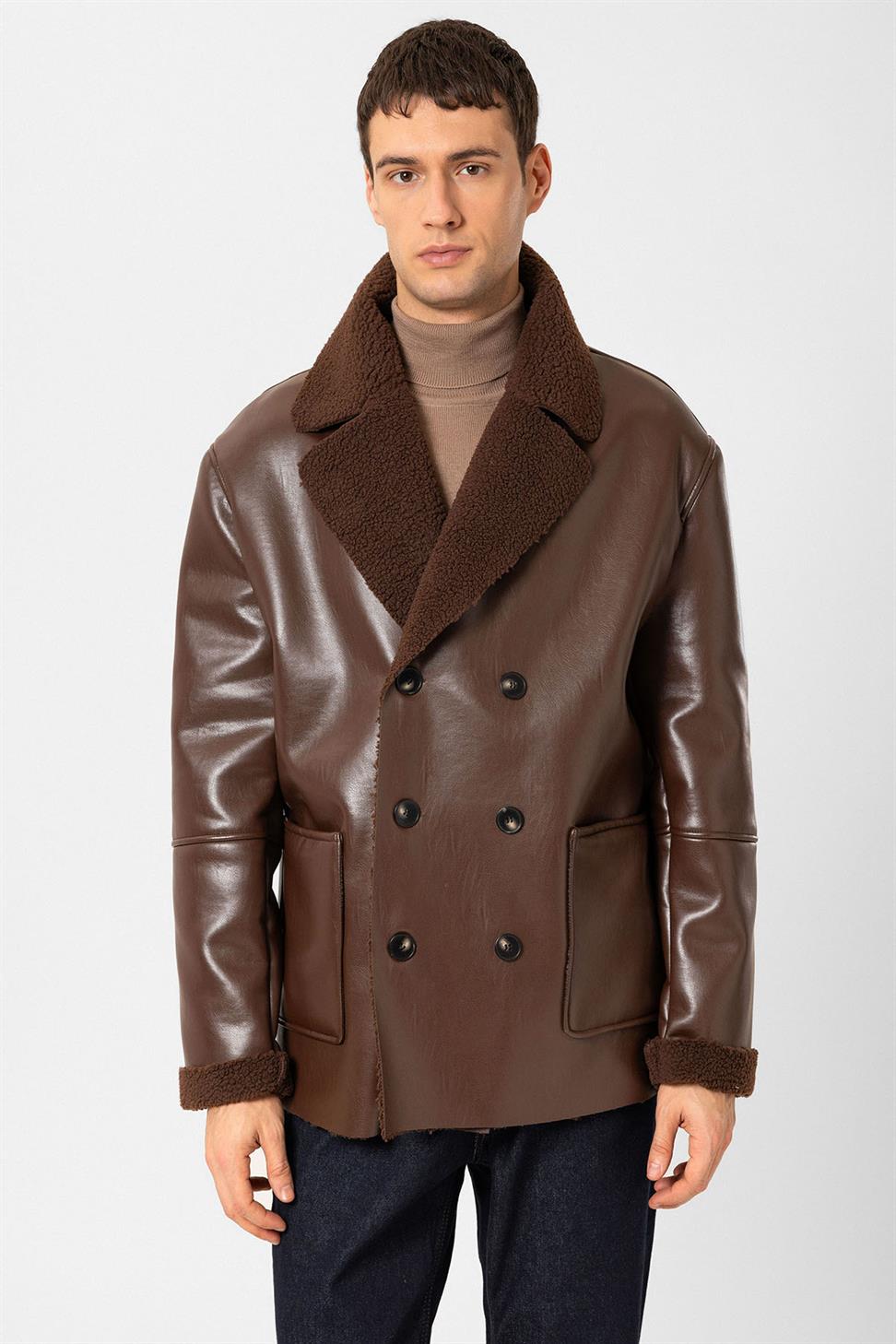 Antioch Kahve Astar Detaylı Suni Deri Kruvaze Erkek Mont