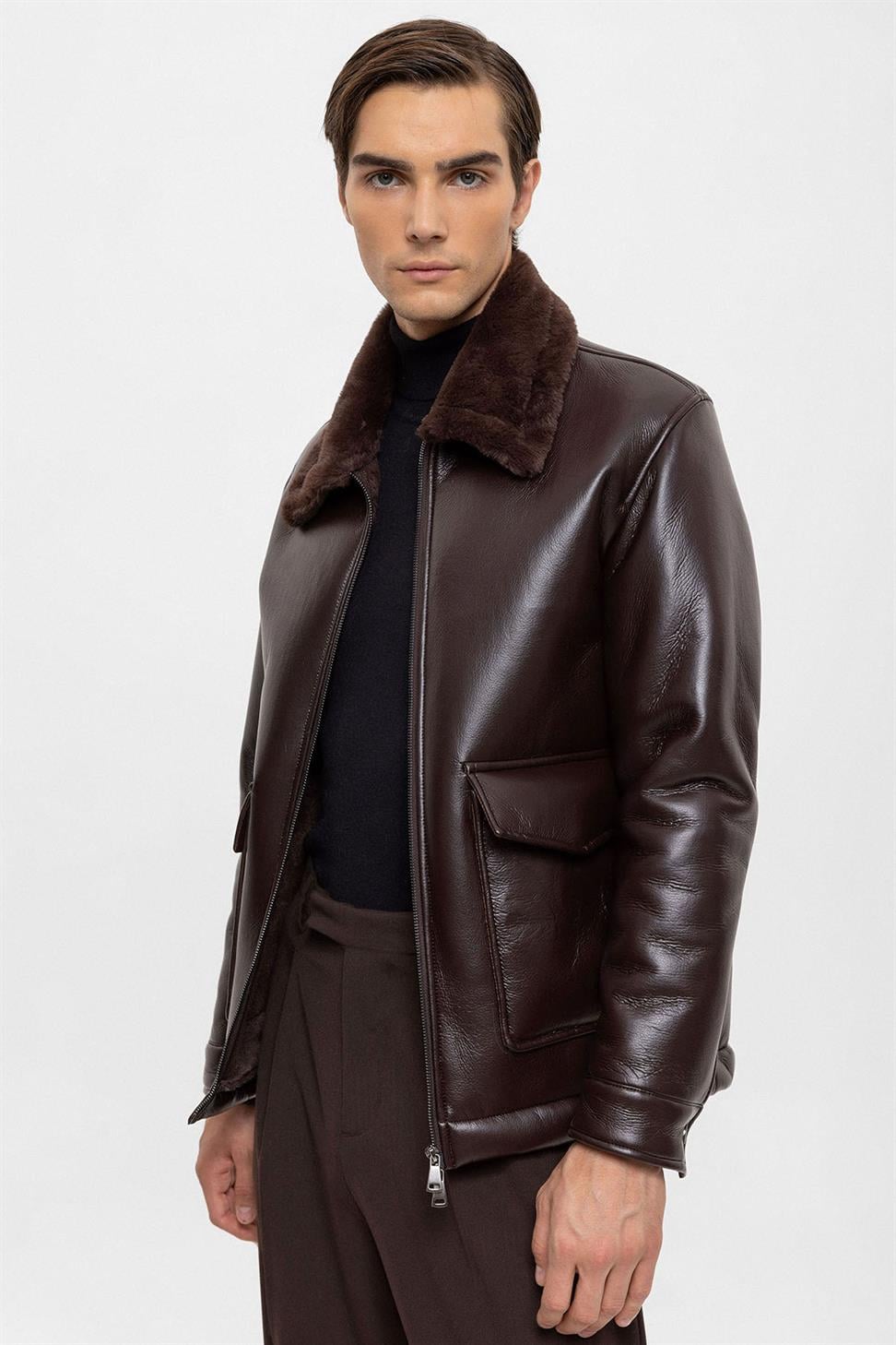 بطانة مفصلة معطف من الجلد الصناعي