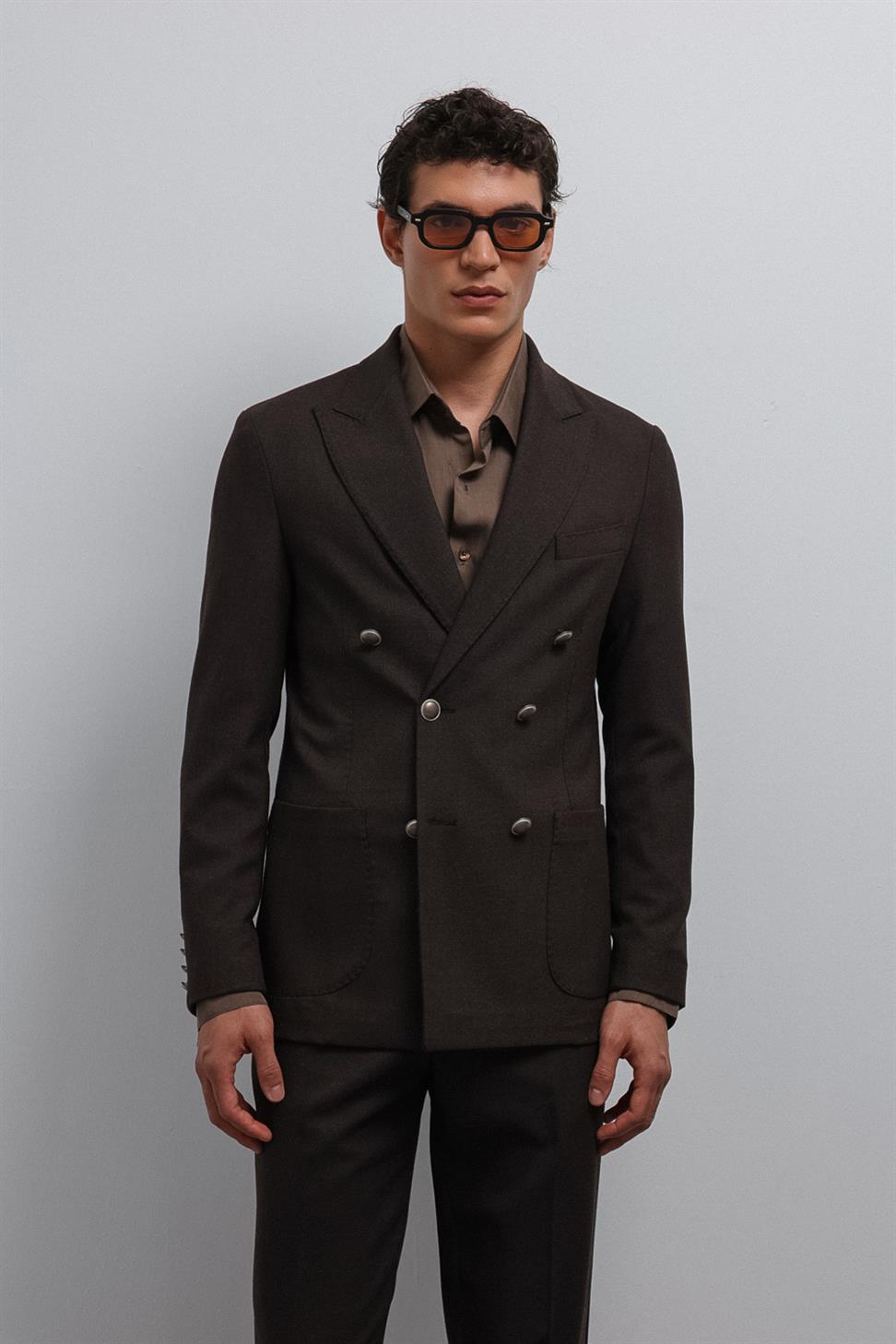 Antioch Kahve Astarsız Kruvaze Erkek Blazer Ceket