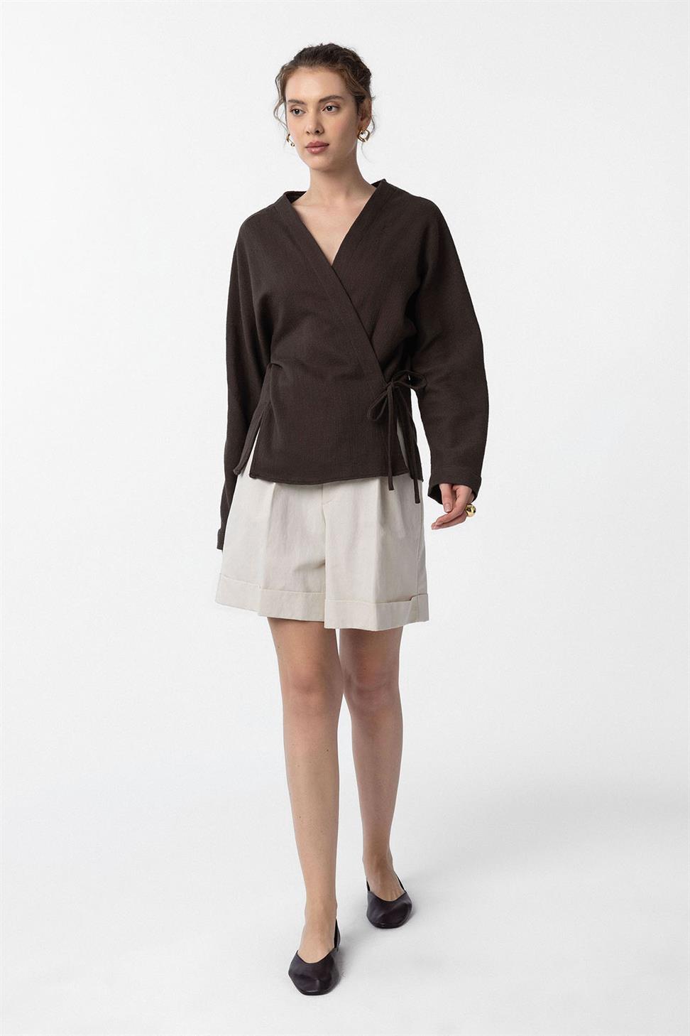 Antioch Kahve Bağlamalı Kimono Kadın Gömlek