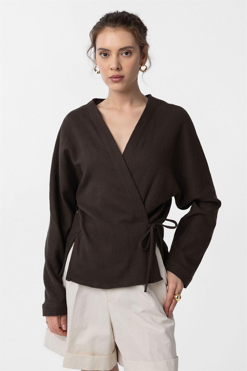 Antioch Kahve Bağlamalı Kimono Kadın Gömlek