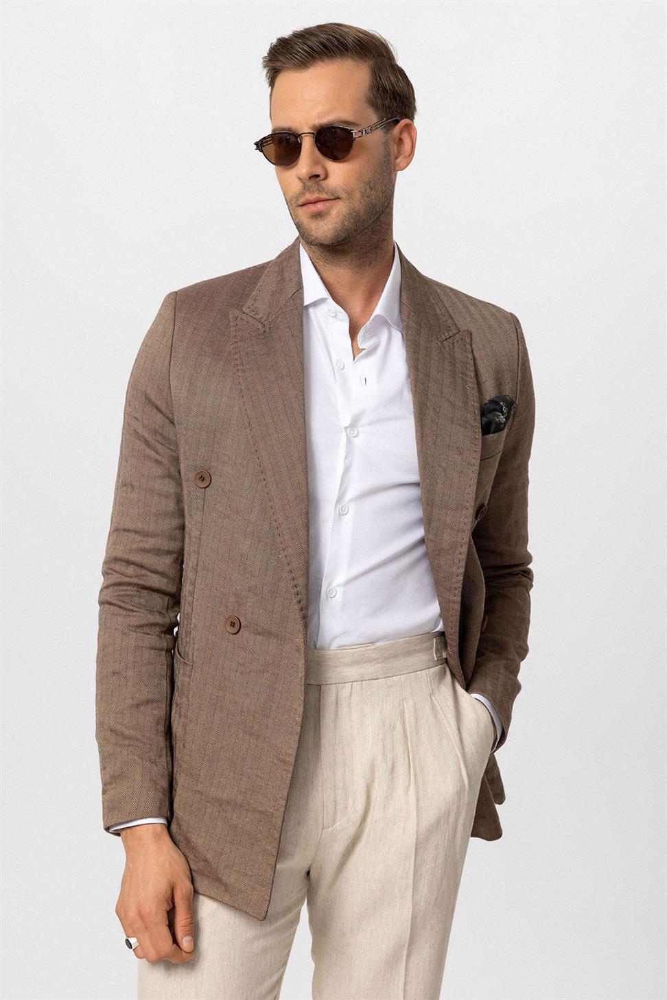 Antioch Kahve Balıksırtı Desenli Erkek Blazer Ceket