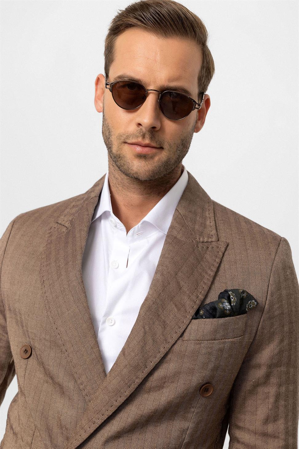 Antioch Kahve Balıksırtı Desenli Erkek Blazer Ceket