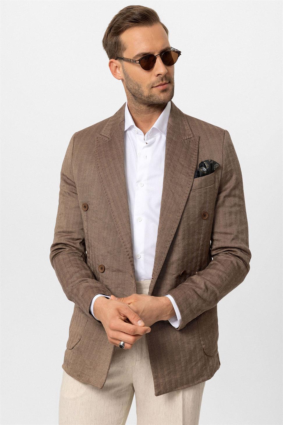 Antioch Kahve Balıksırtı Desenli Erkek Blazer Ceket