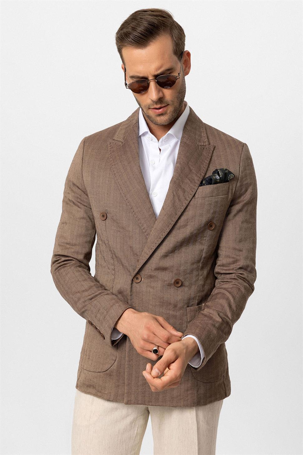 Antioch Kahve Balıksırtı Desenli Erkek Blazer Ceket