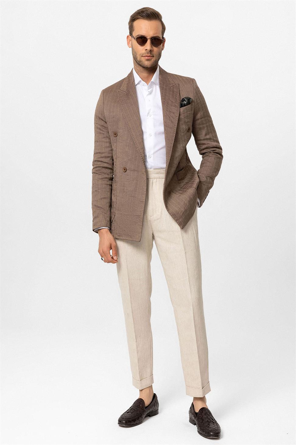 Antioch Kahve Balıksırtı Desenli Erkek Blazer Ceket