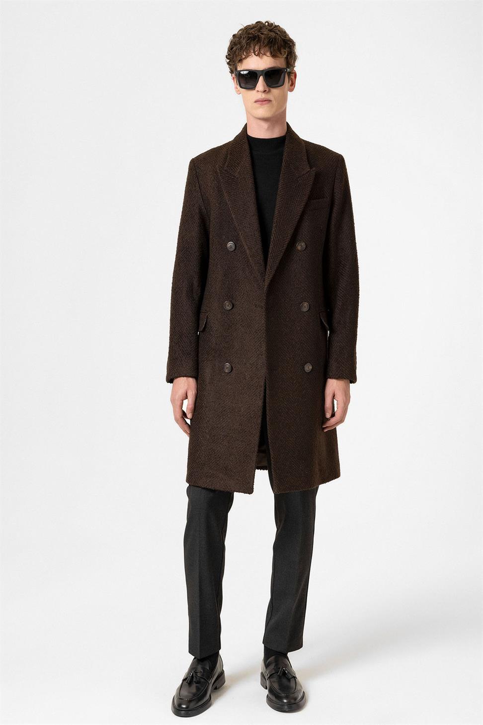 Antioch Kahve Balıksırtı Desenli Erkek Kaban