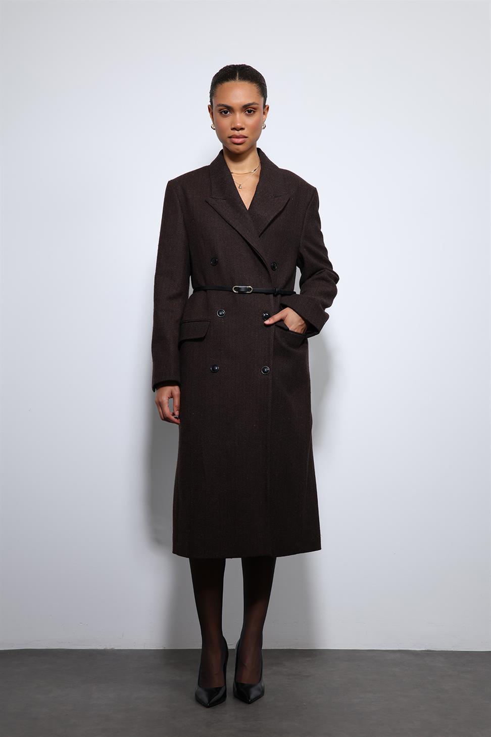 Antioch Kahve Balıksırtı Desenli Kemerli Kaban