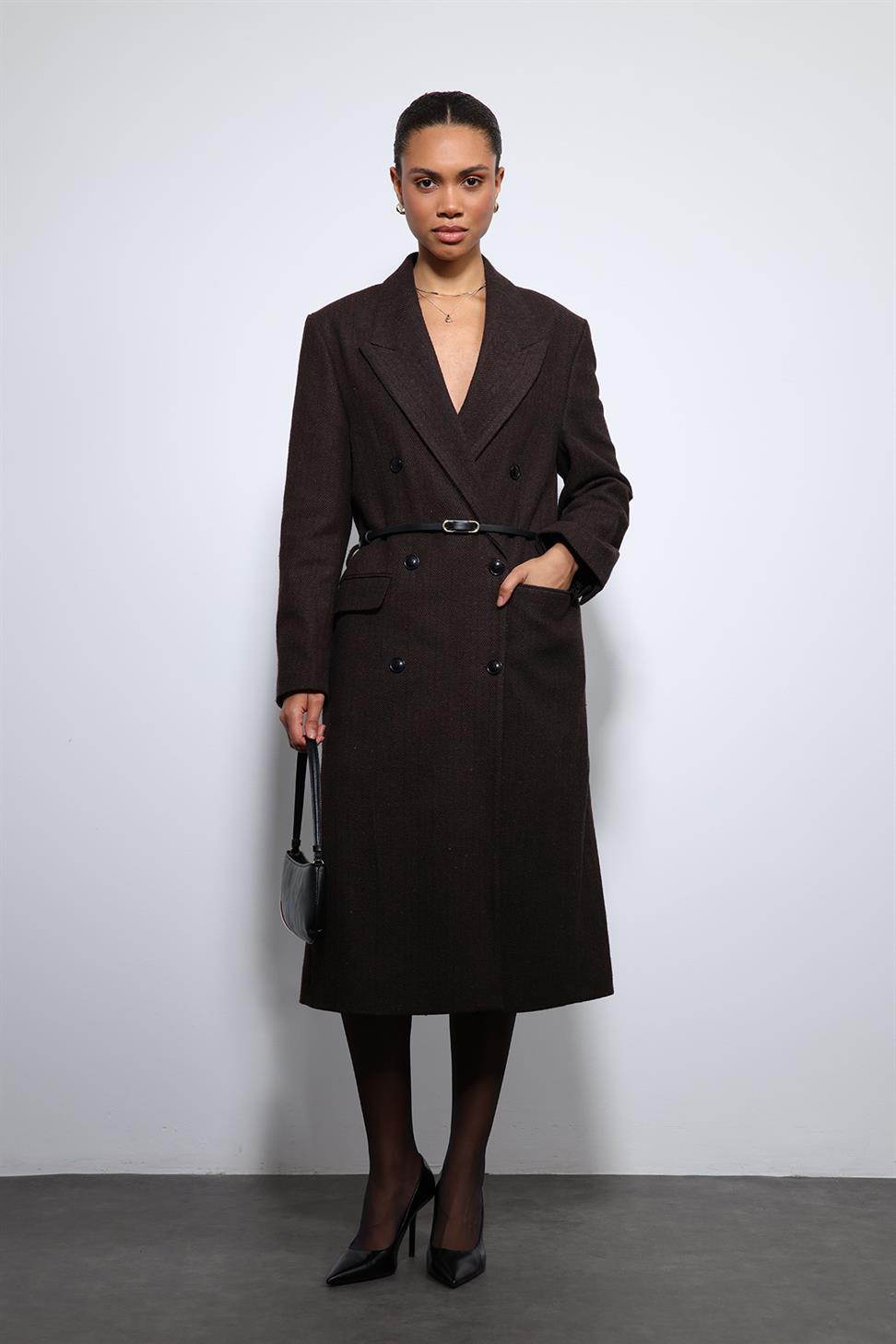 Antioch Kahve Balıksırtı Desenli Kemerli Kaban