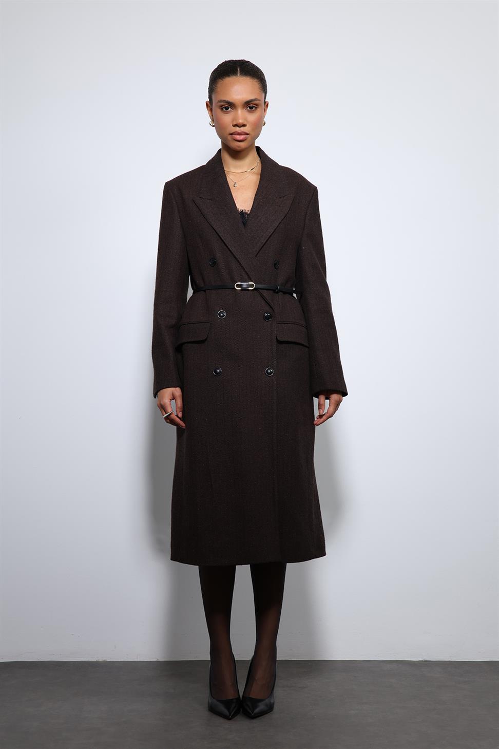 Antioch Kahve Balıksırtı Desenli Kemerli Kaban