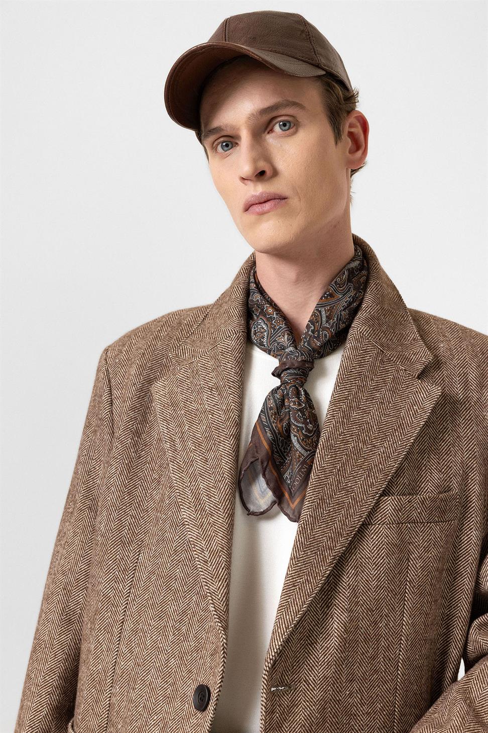 Antioch Kahve Balıksırtı Desenli Oversize Erkek Blazer Ceket