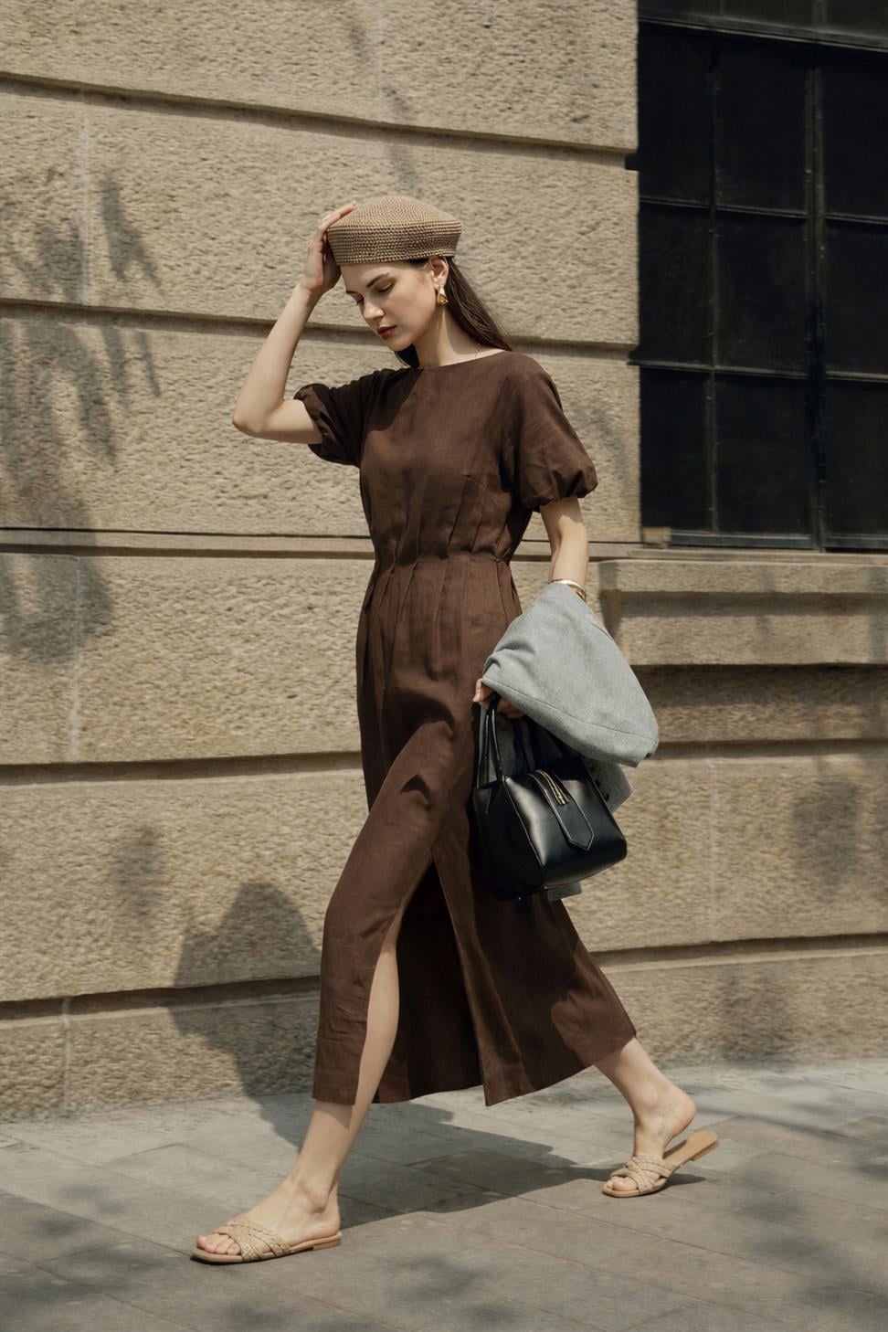 Womens Midi Balloon-Sleeve Dress