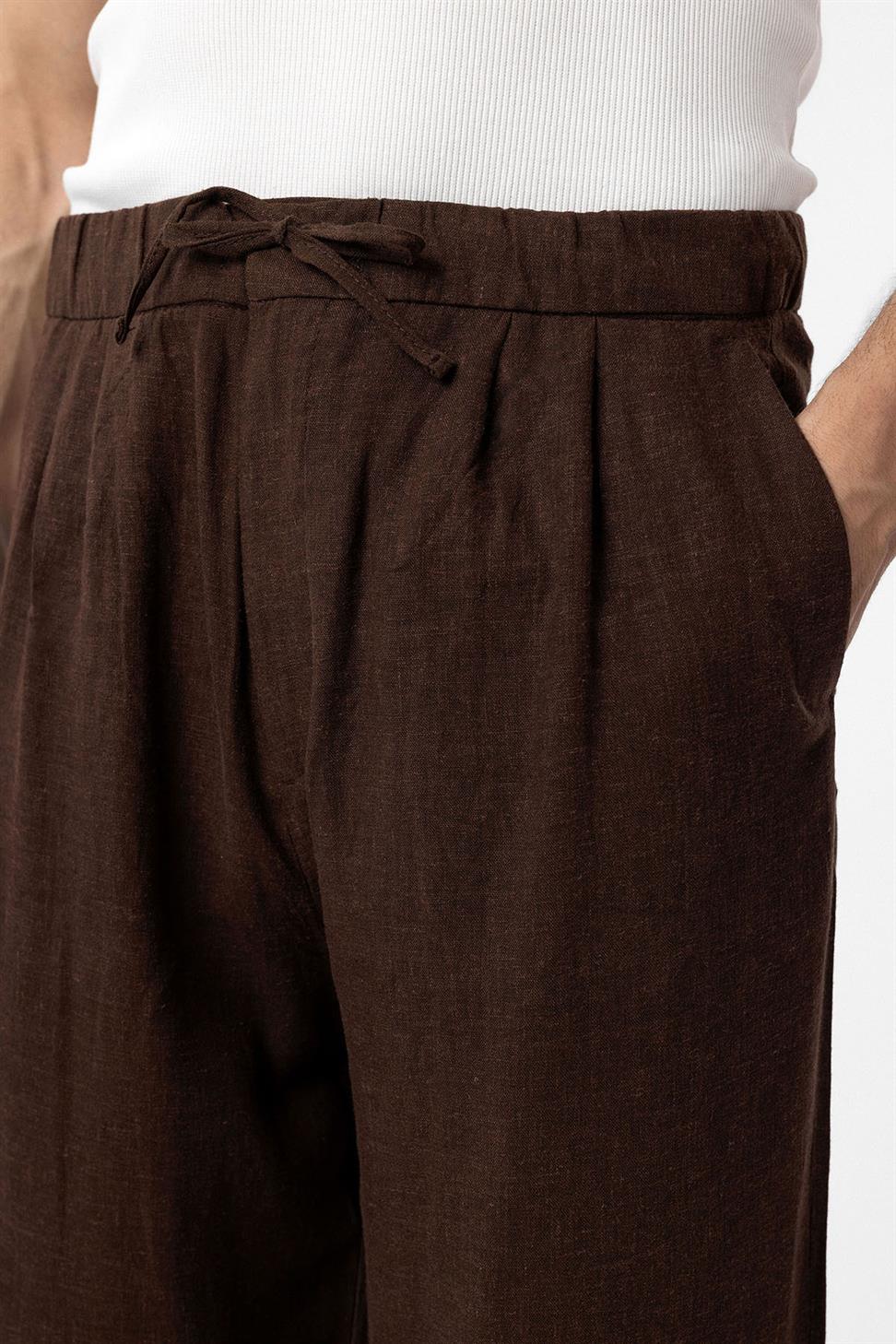 بنطلون رجالي فضفاض من مزيج الكتان للرجال برباط خصر