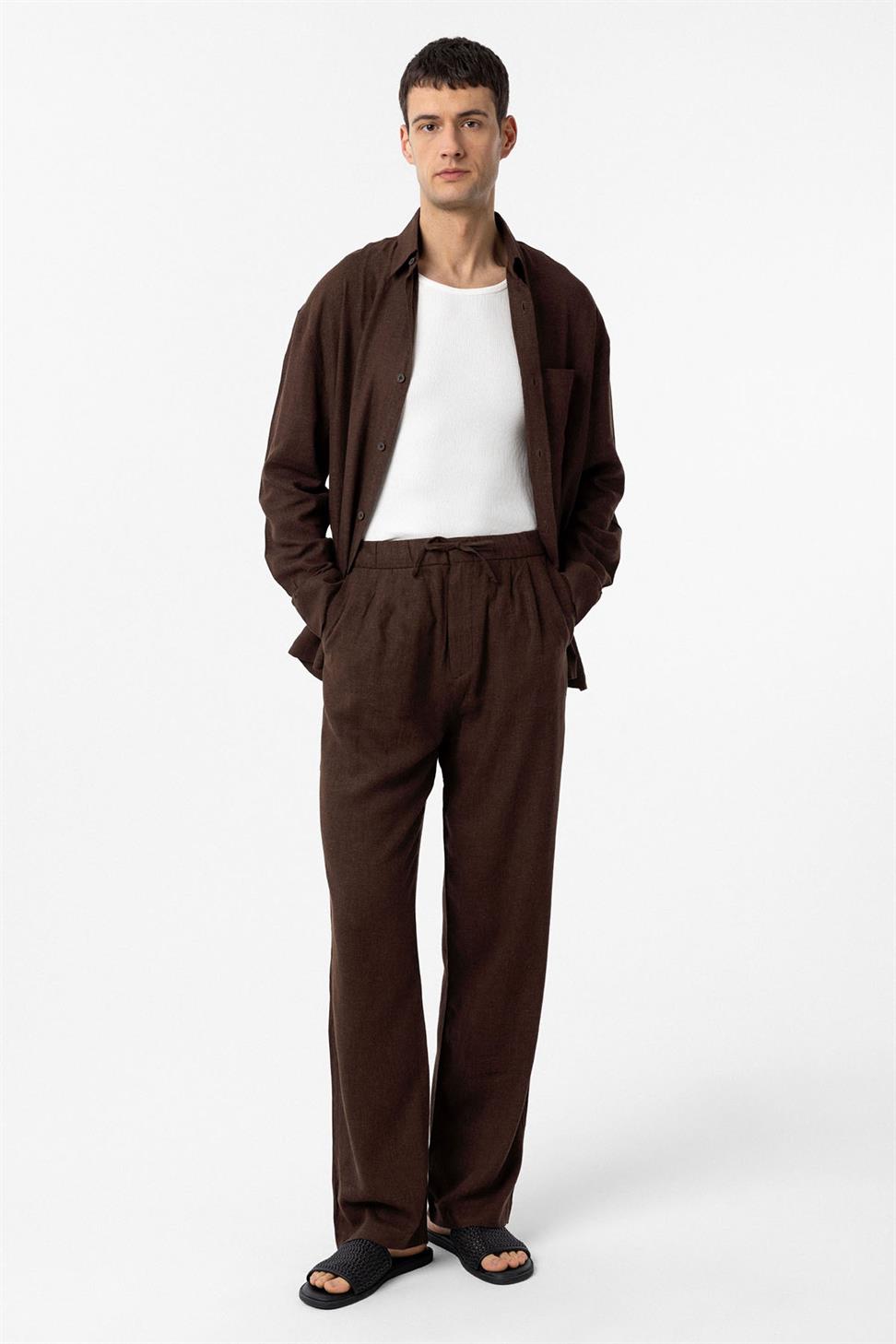 بنطلون رجالي فضفاض من مزيج الكتان للرجال برباط خصر