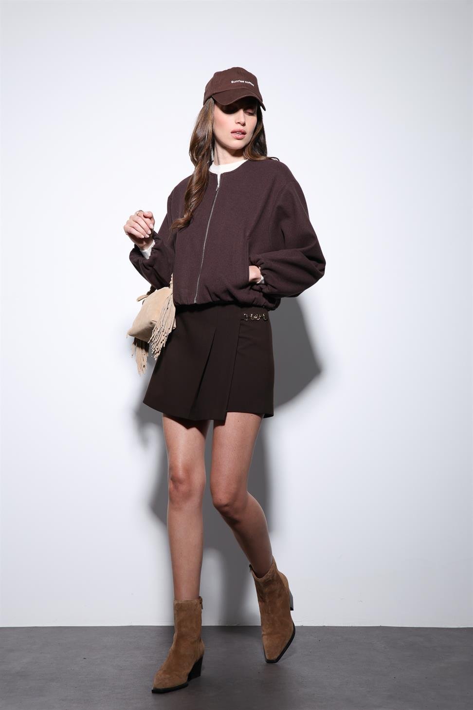 Antioch Kahve Bel Lastikli Crop Kadın Mont