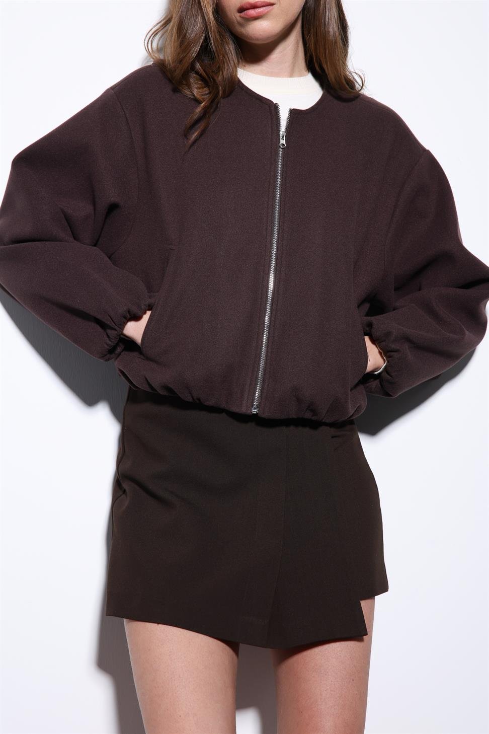 Antioch Kahve Bel Lastikli Crop Kadın Mont