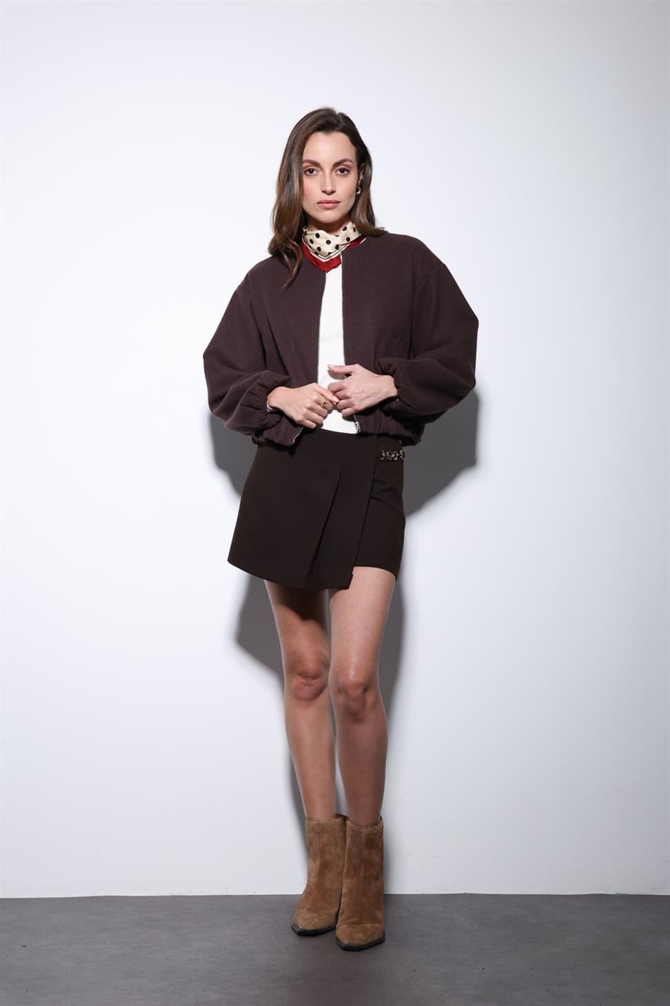 Antioch Kahve Bel Lastikli Crop Kadın Mont