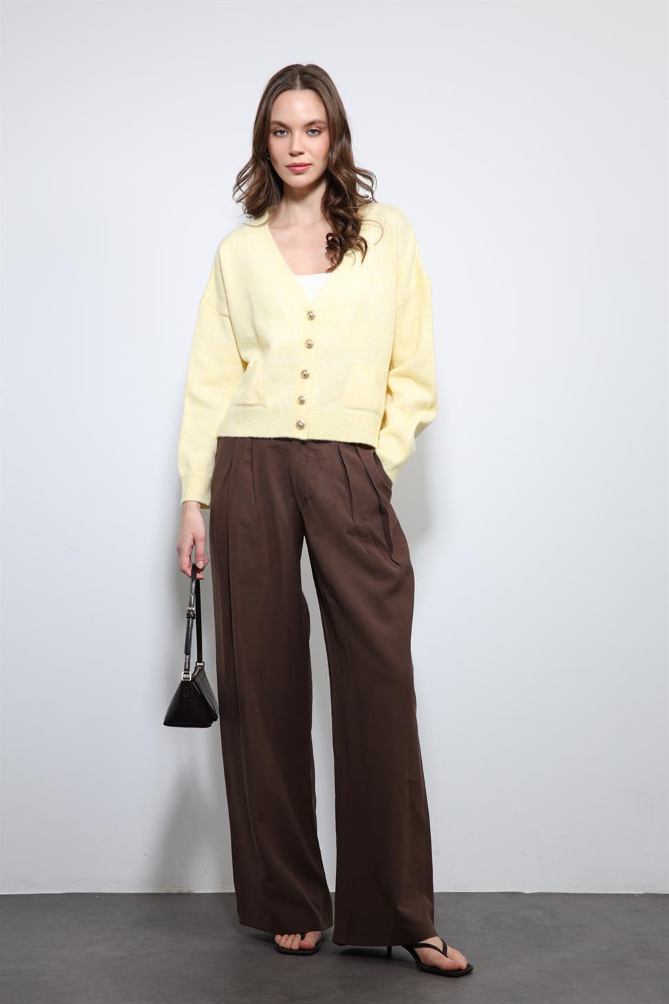 Antioch Kahve Bel Lastikli Pileli Kadın Pantolon