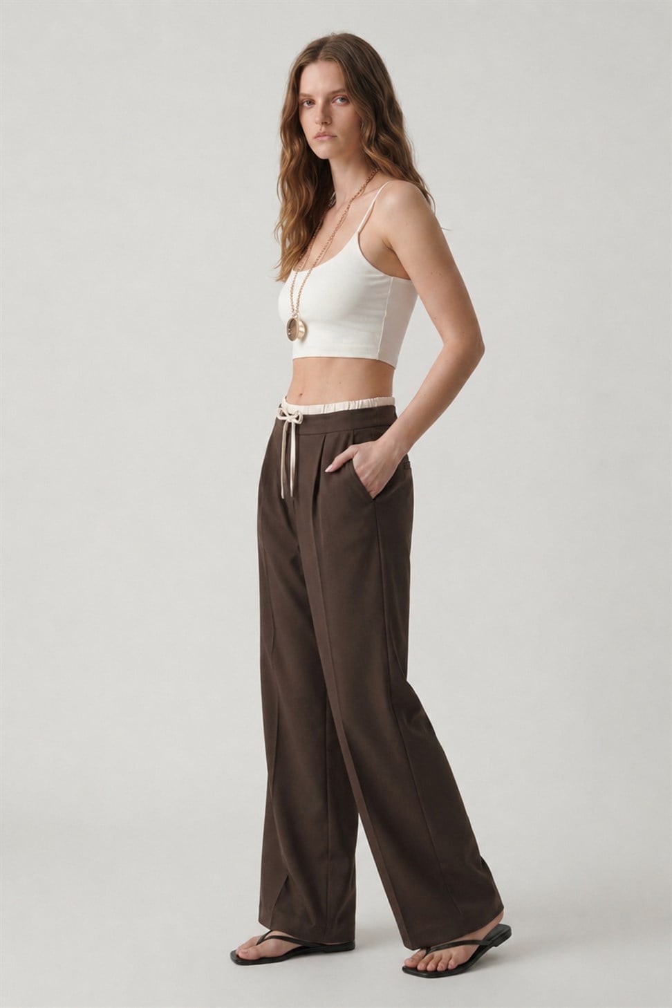 Antioch Kahve Çift Bel Bantlı Kadın Pantolon