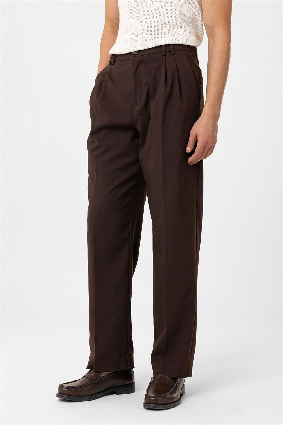 Antioch Kahve Çift Pileli Baggy Fit Erkek Pantolon