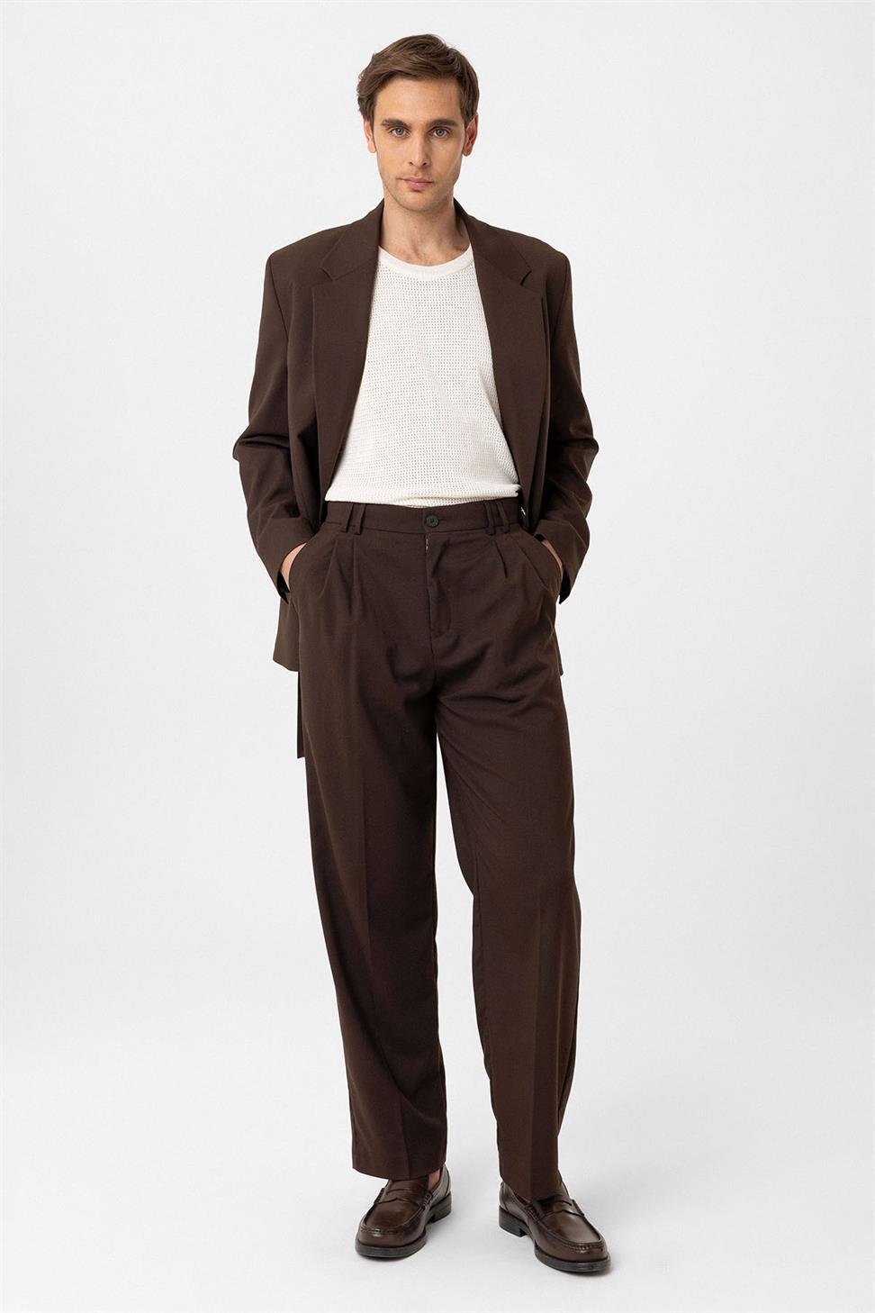 Antioch Kahve Çift Pileli Baggy Fit Erkek Pantolon