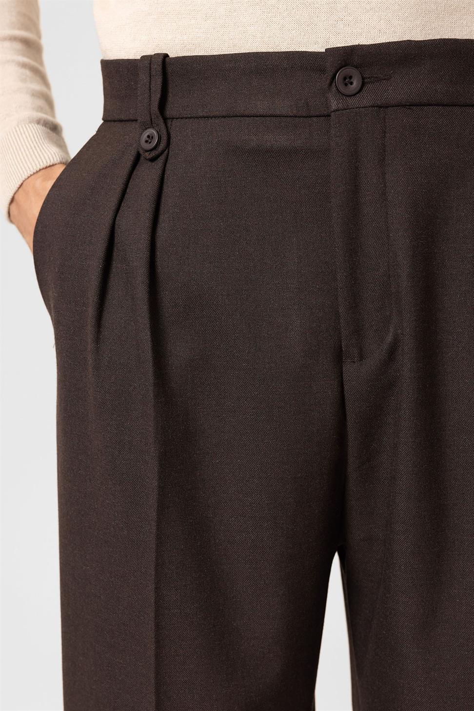 Antioch Kahve Çift Pileli Yüksek Bel Erkek Pantolon