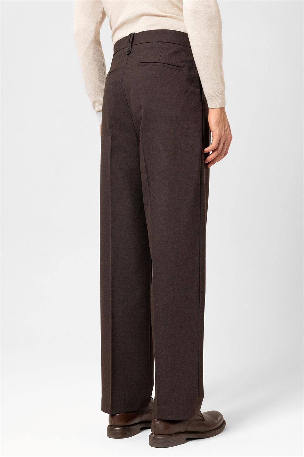 Antioch Kahve Çift Pileli Yüksek Bel Erkek Pantolon