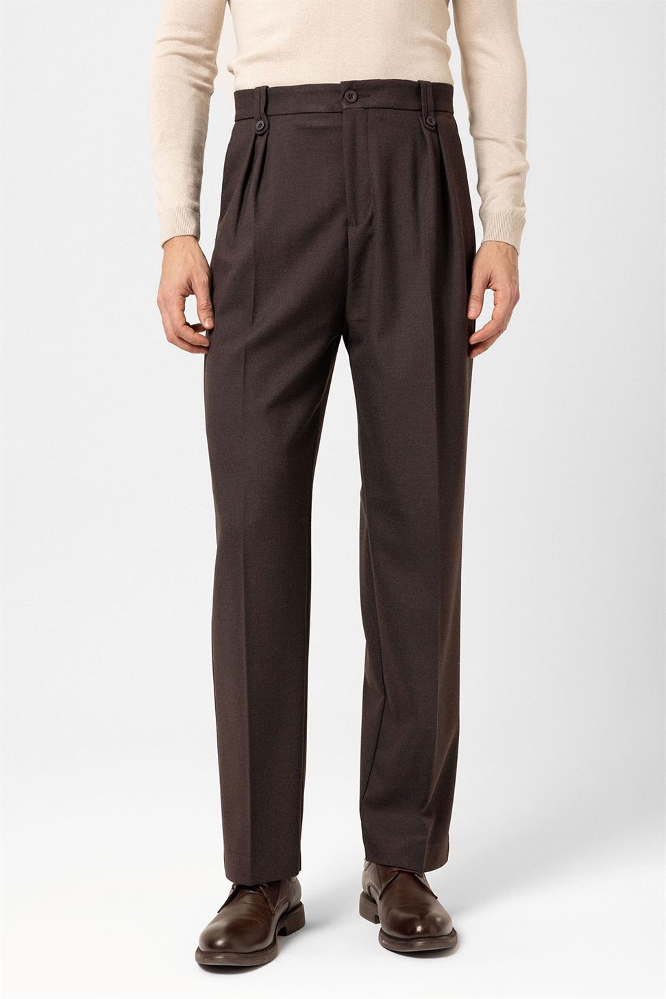 Antioch Kahve Çift Pileli Yüksek Bel Erkek Pantolon