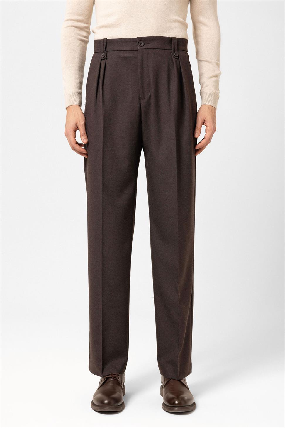 Antioch Kahve Çift Pileli Yüksek Bel Erkek Pantolon