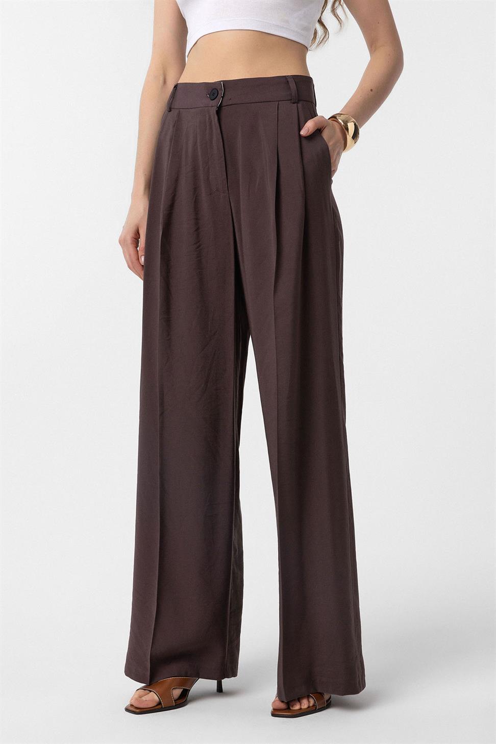 Antioch Kahve Çift Pilili Kadın Pantolon