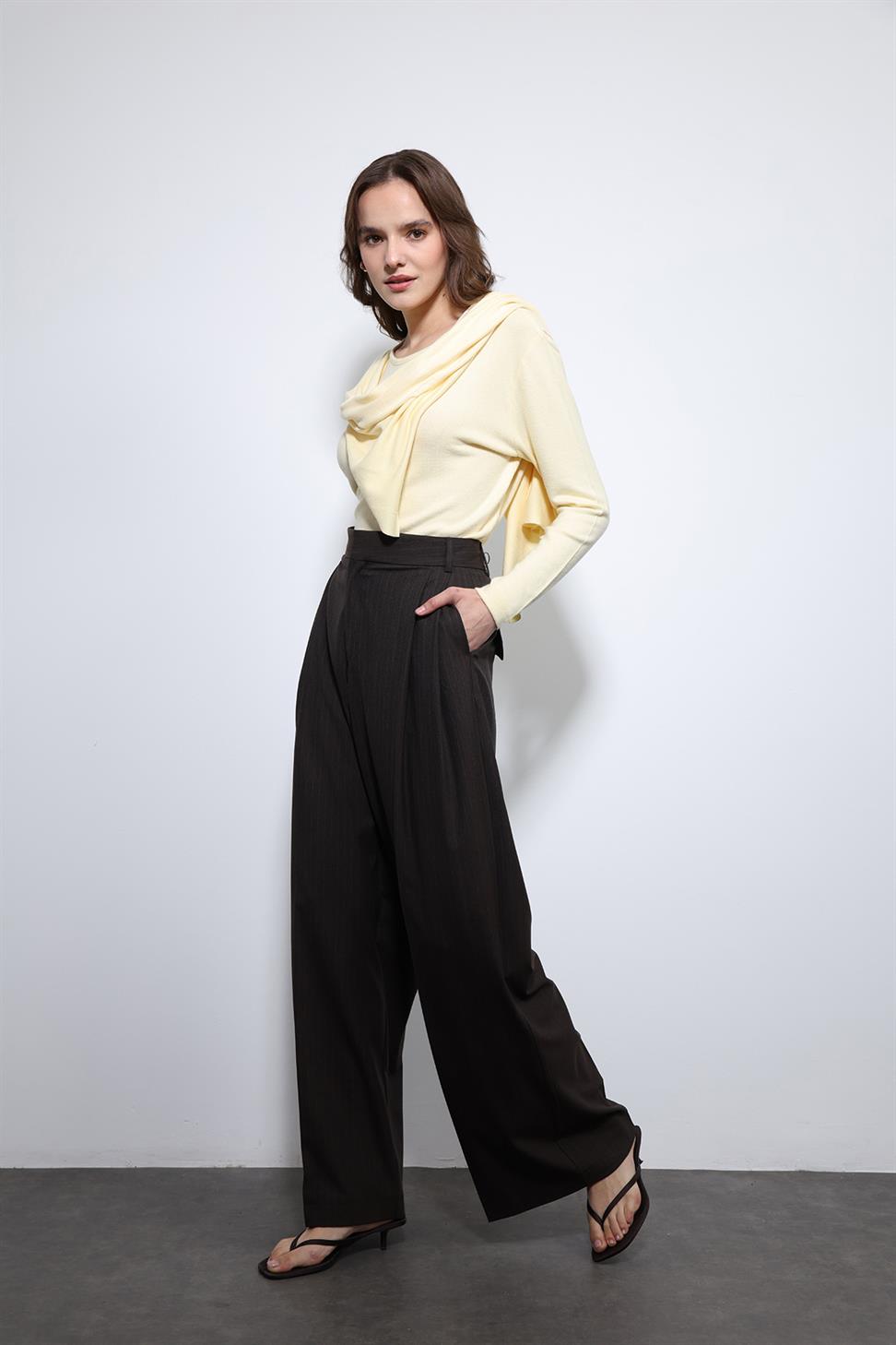 Antioch Kahve Çizgili Geniş Paça Pantolon