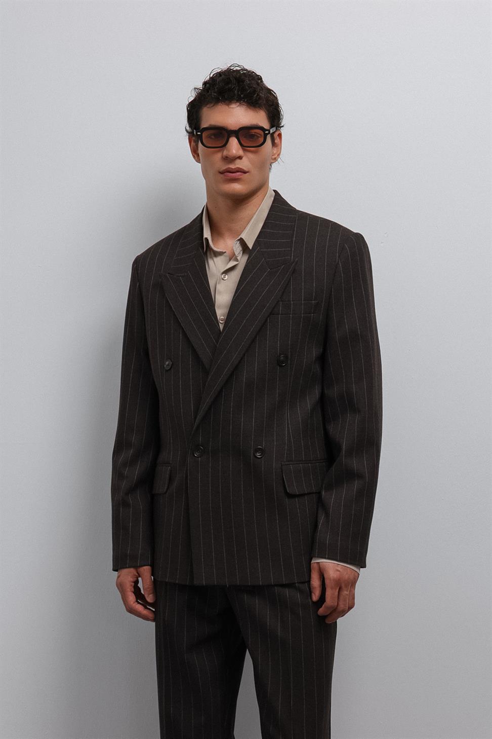 Antioch Kahve Çizgili Kruvaze Erkek Blazer Ceket
