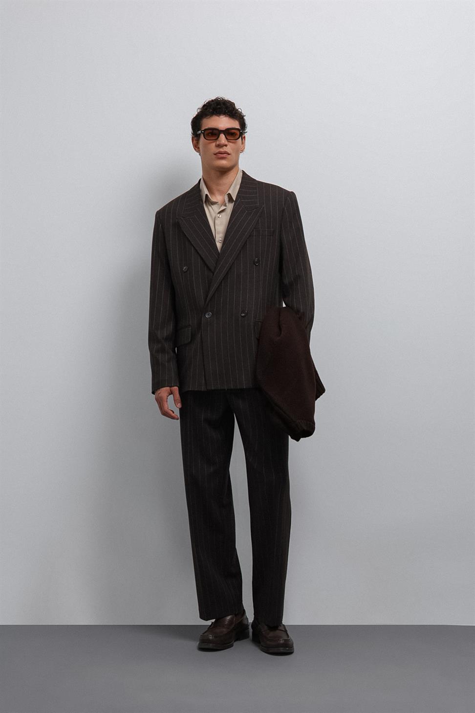 Antioch Kahve Çizgili Kruvaze Erkek Blazer Ceket