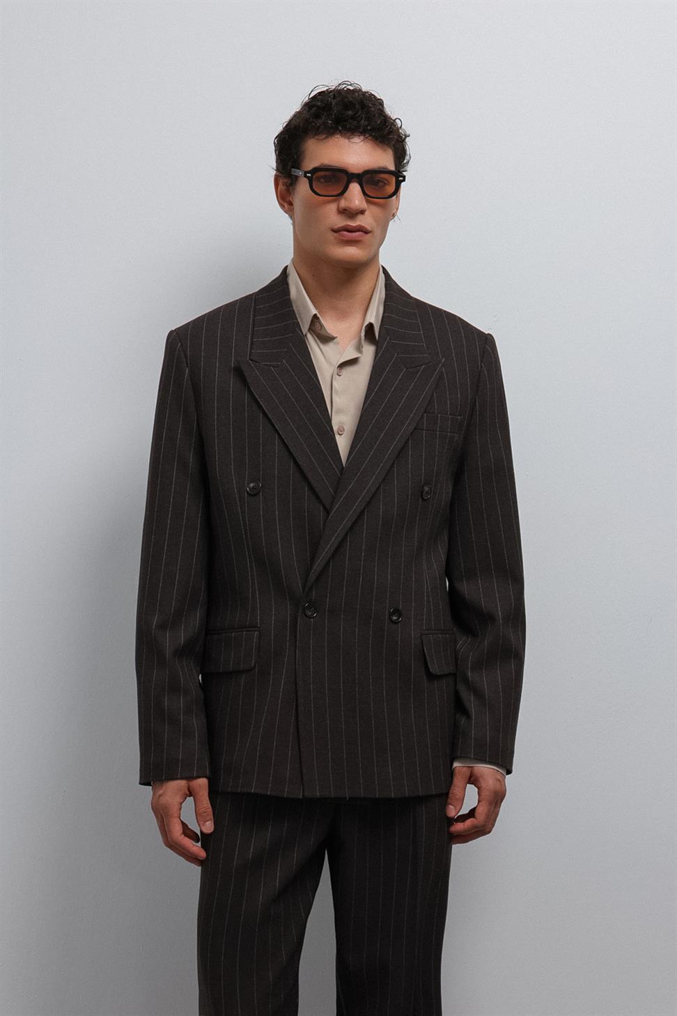 Antioch Kahve Çizgili Kruvaze Erkek Blazer Ceket