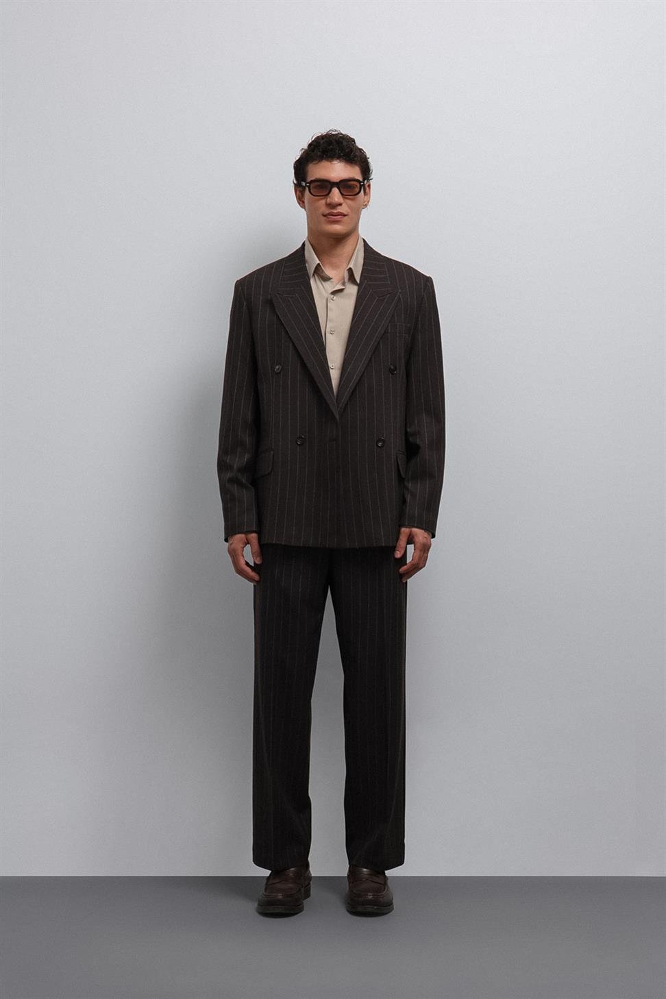 Antioch Kahve Çizgili Kruvaze Erkek Blazer Ceket