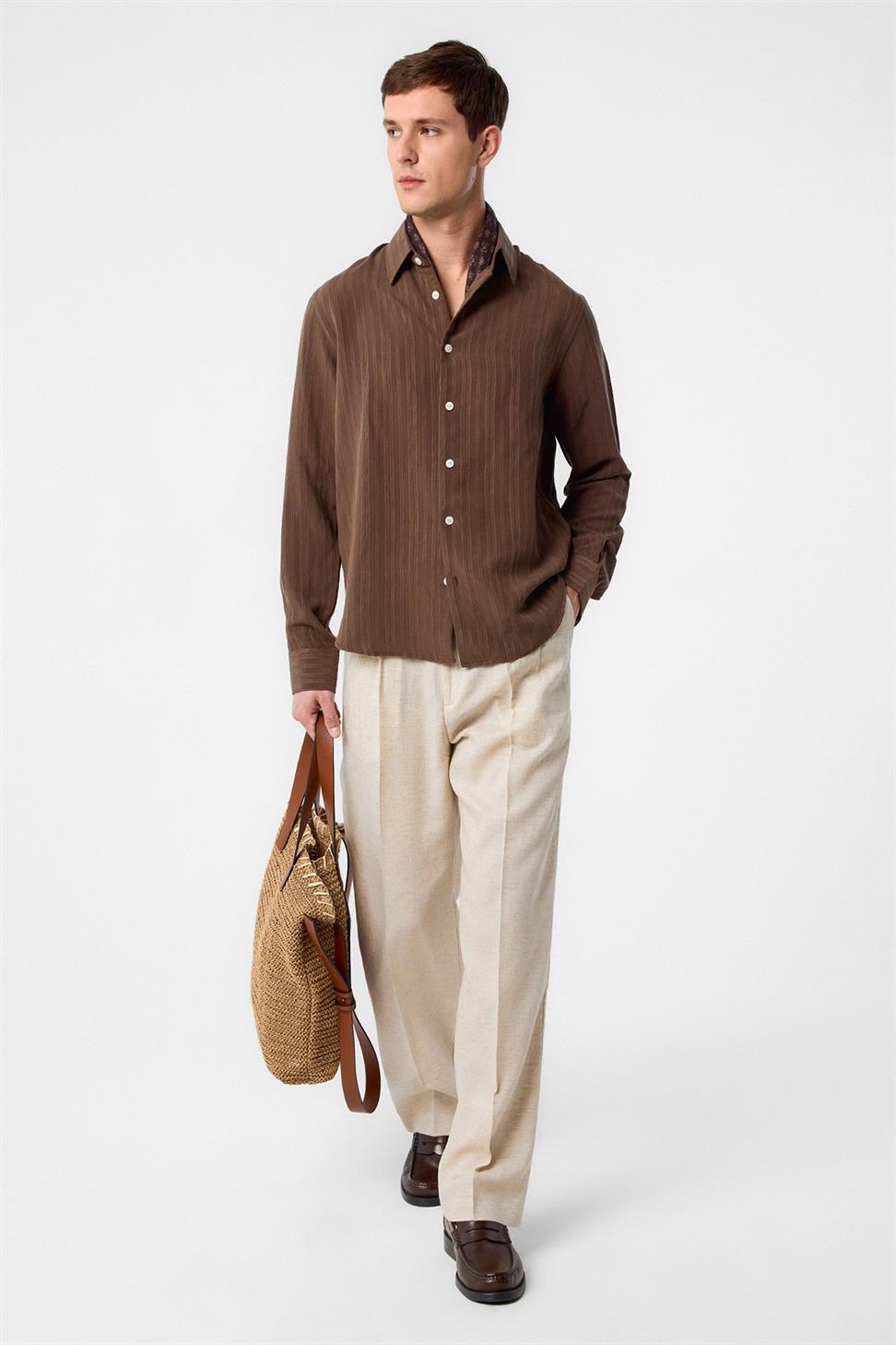 Antioch Kahve Çizgili ve Dokulu Erkek Gömlek