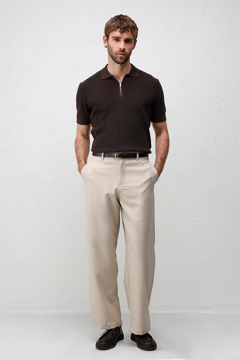 Antioch Kahve Comfort Slim Fermuarlı Erkek Triko T-Shirt