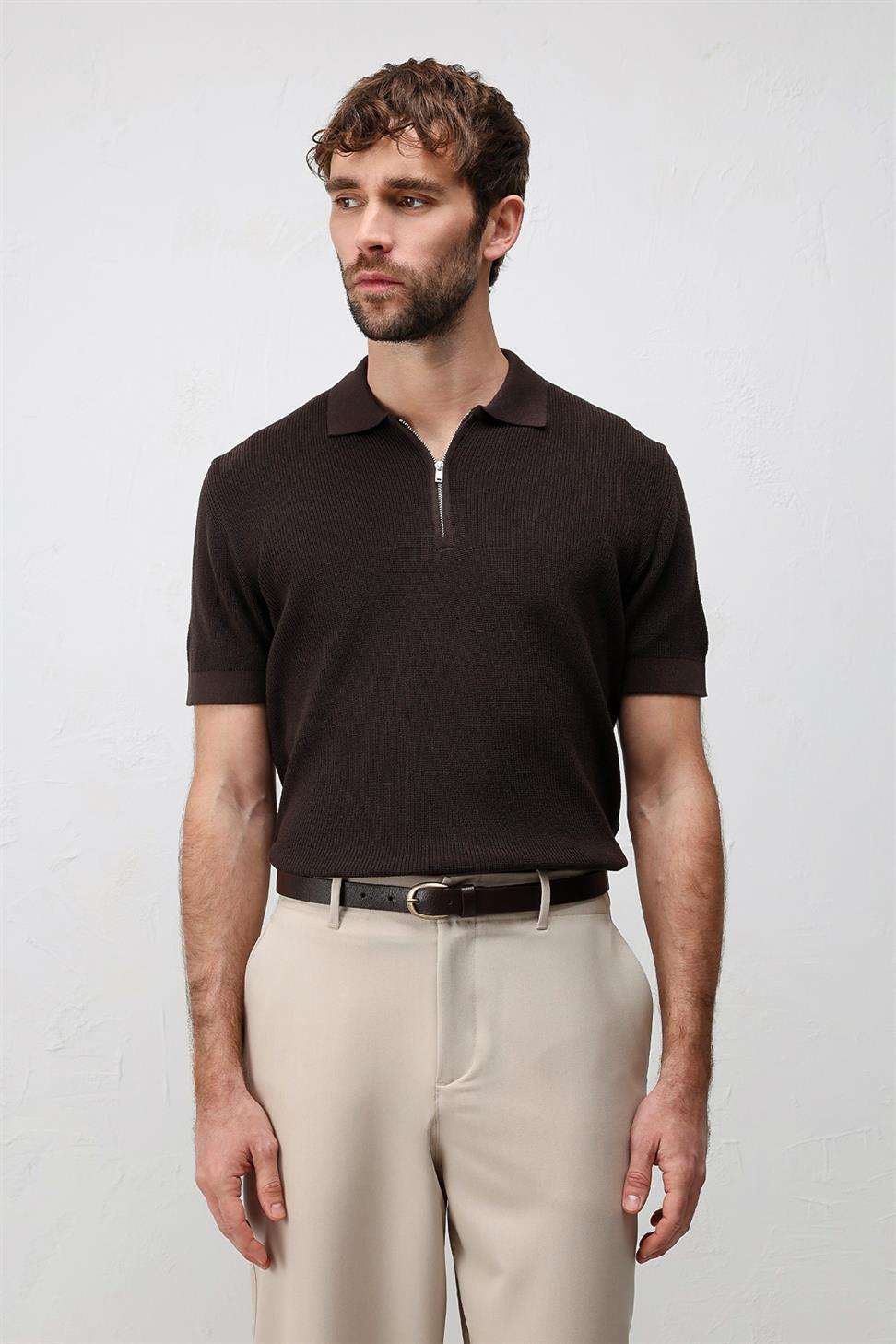 Antioch Kahve Comfort Slim Fermuarlı Erkek Triko T-Shirt