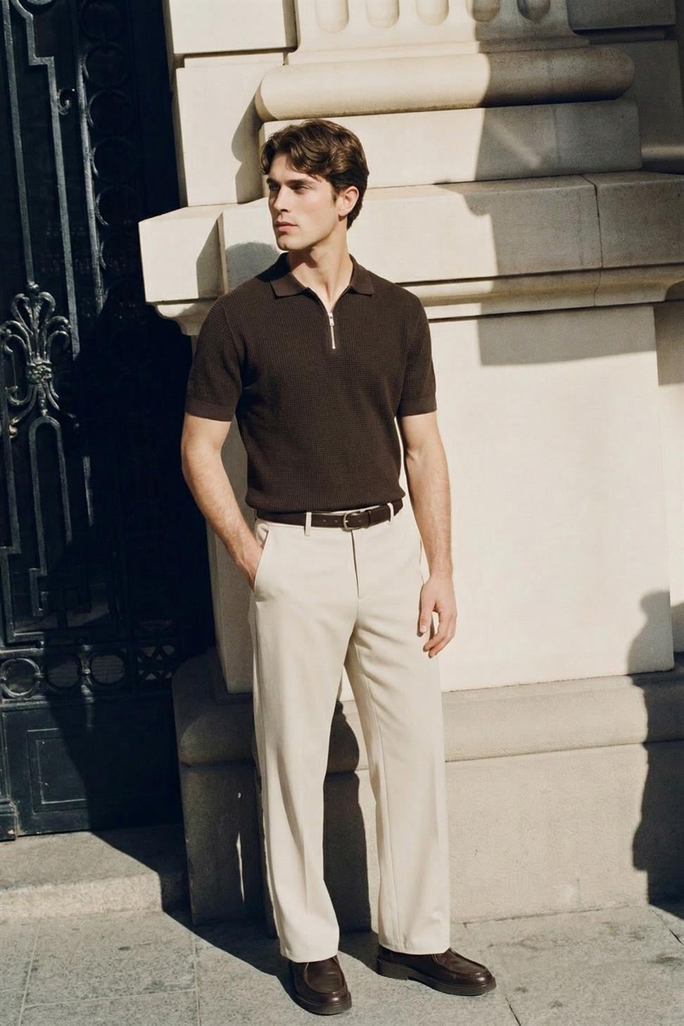 Antioch Kahve Comfort Slim Fermuarlı Erkek Triko T-Shirt