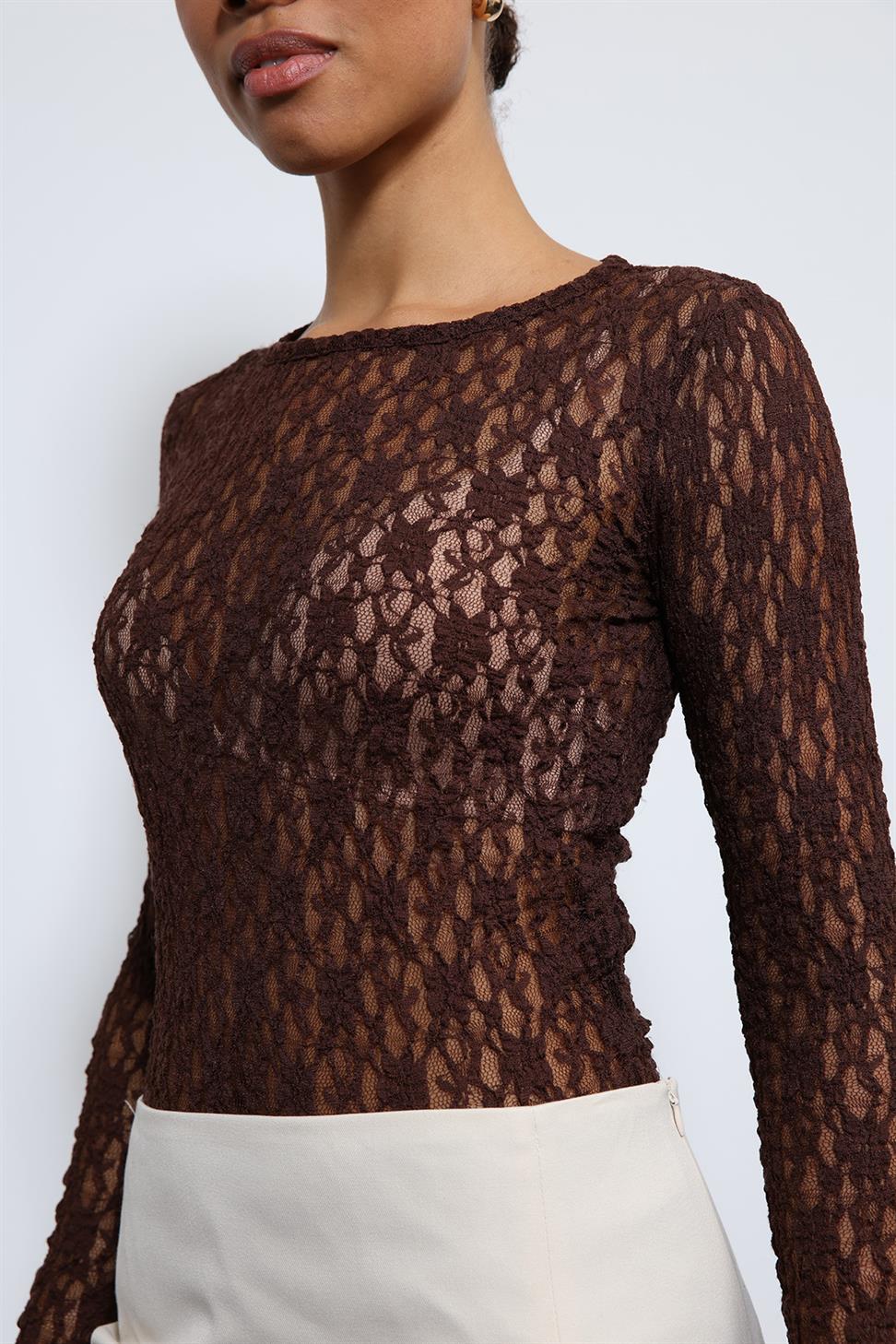 Antioch Kahve Dantel Detaylı Transparan Bluz