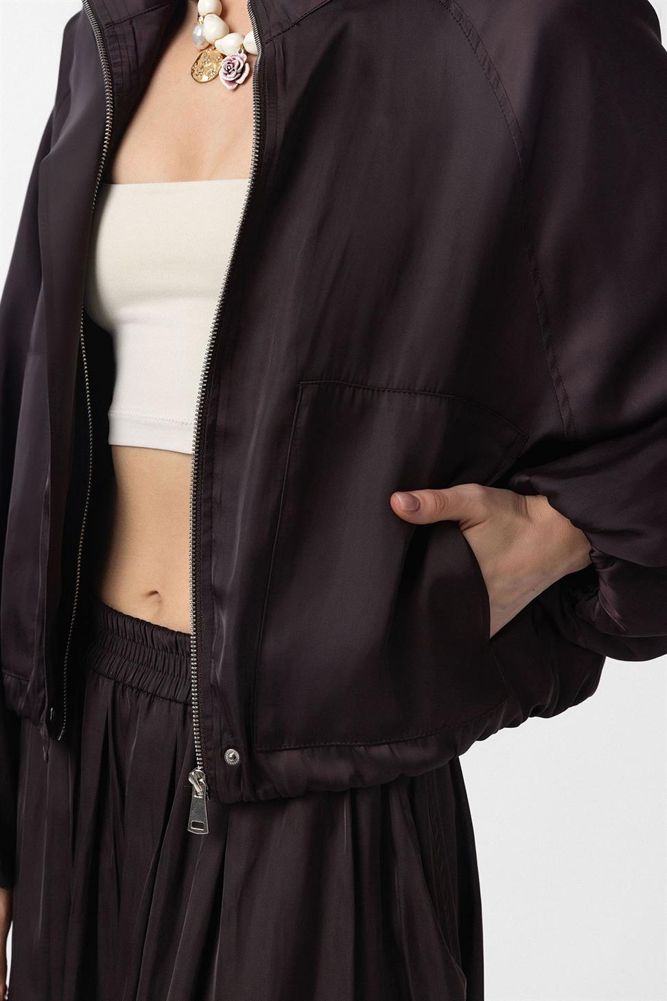 Antioch Kahve Dik Yaka İnce Kadın Bomber Ceket