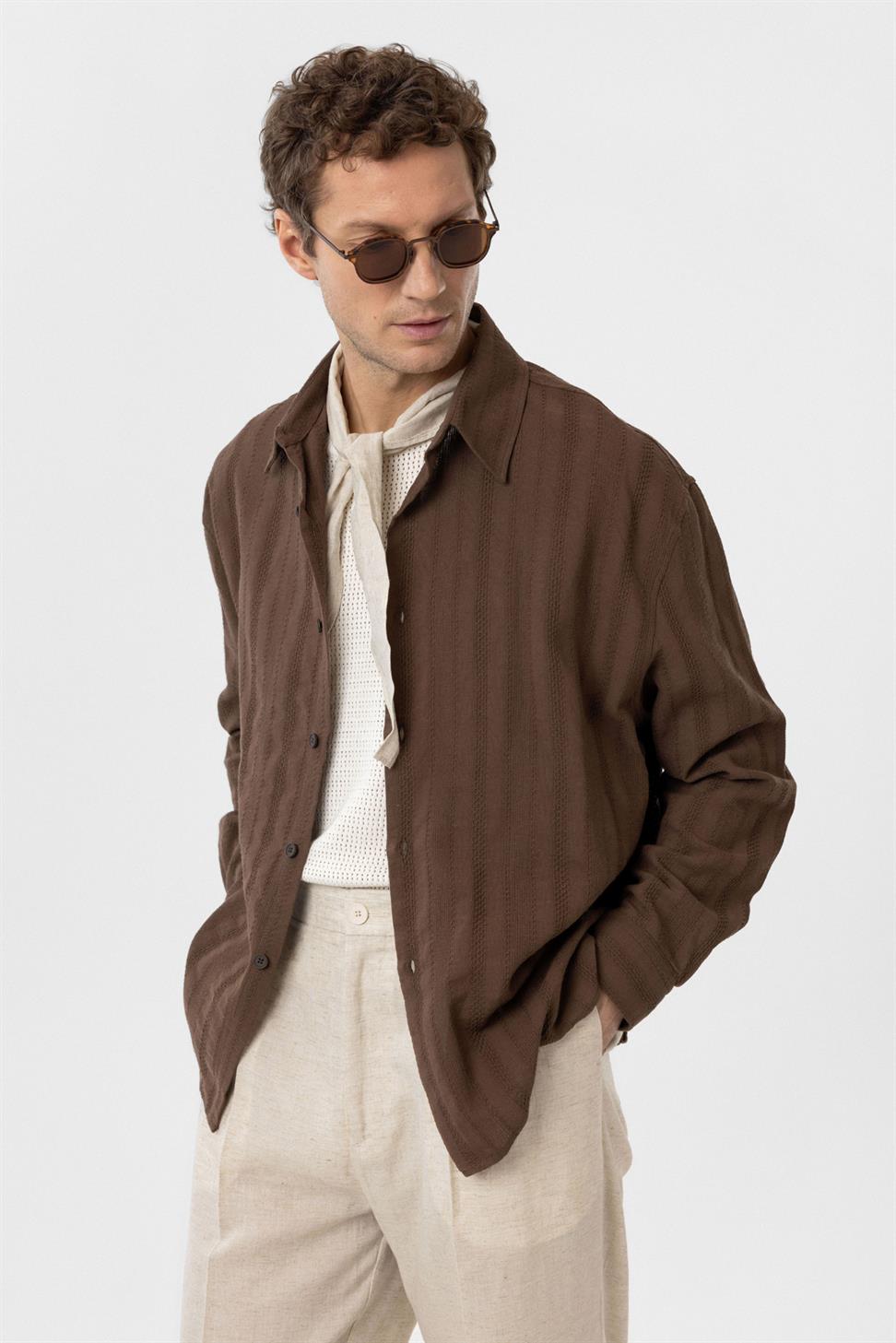 Antioch Kahve Dokulu Jakarlı Pamuklu Erkek Gömlek