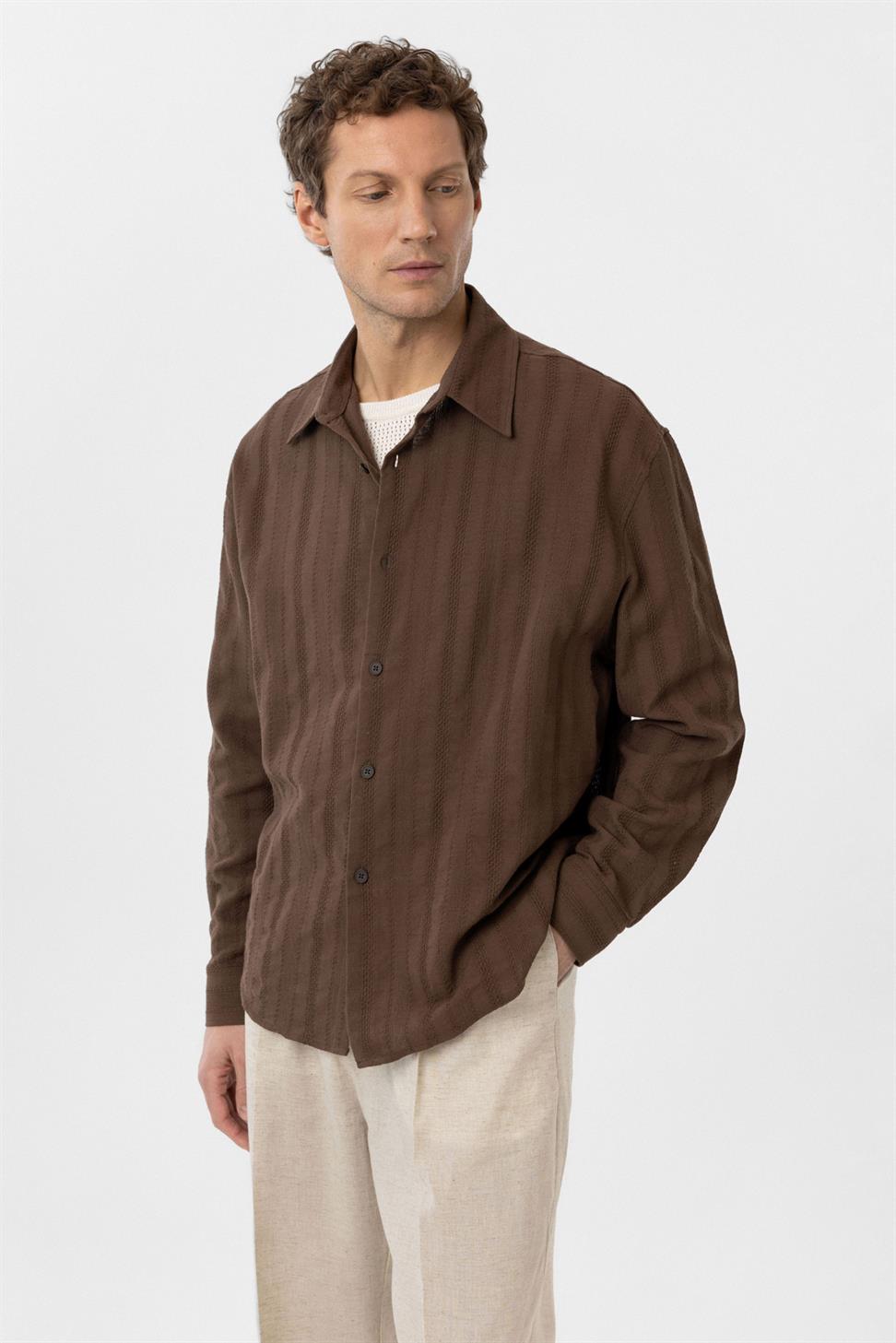 Antioch Kahve Dokulu Jakarlı Pamuklu Erkek Gömlek