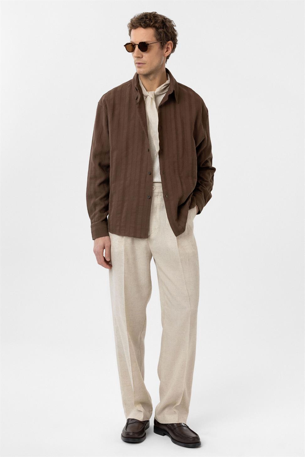 Antioch Kahve Dokulu Jakarlı Pamuklu Erkek Gömlek