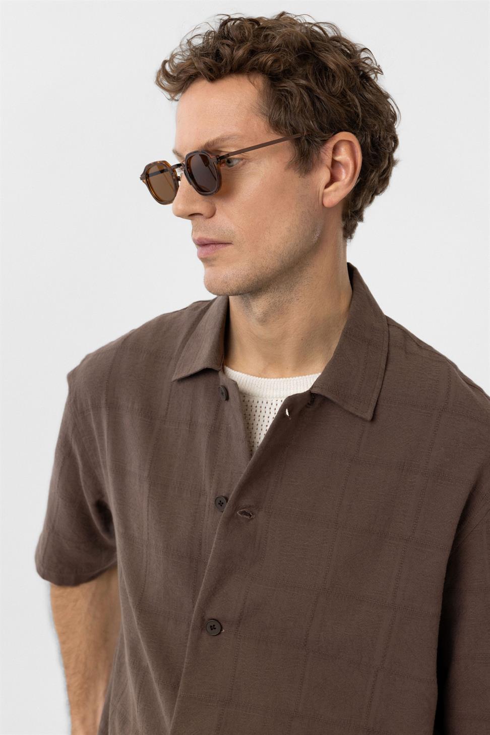 Antioch Kahve Dokulu Jakarlı Pamuklu Erkek Kısa Kol Gömlek