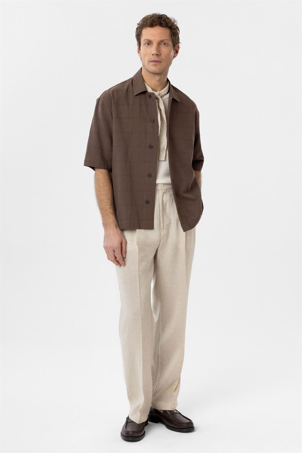 Antioch Kahve Dokulu Jakarlı Pamuklu Erkek Kısa Kol Gömlek