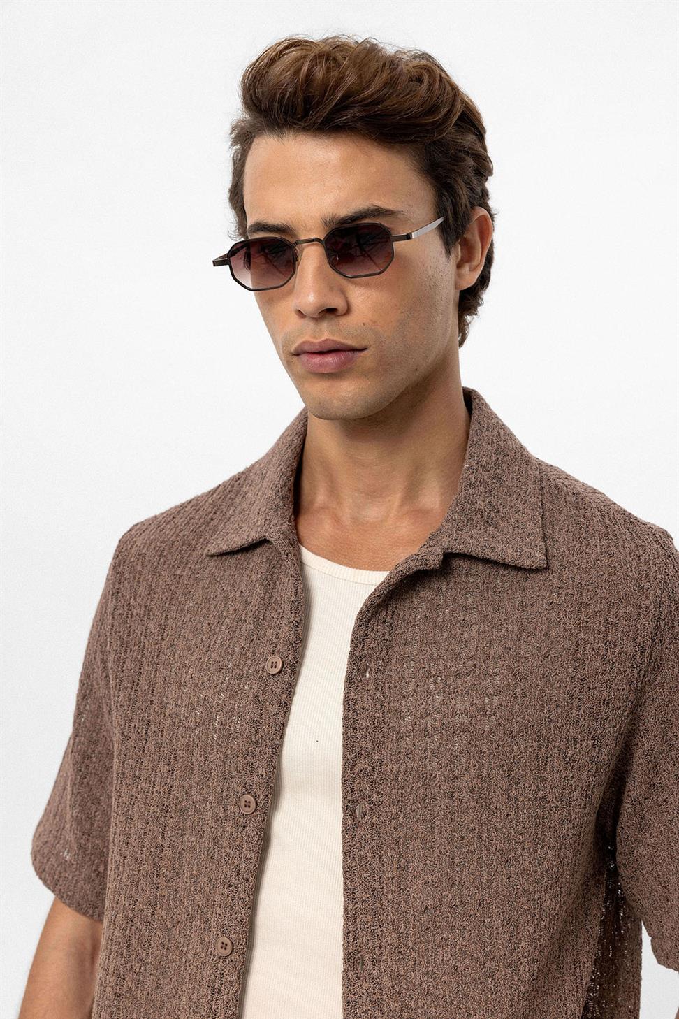 Antioch Kahve Dokulu Kroşe Erkek Gömlek