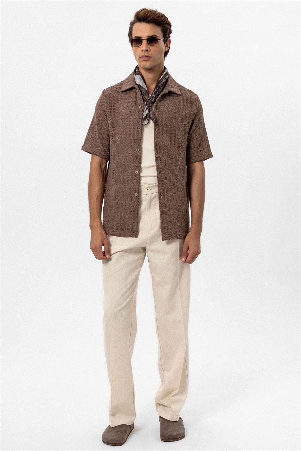 Antioch Kahve Dokulu Kroşe Erkek Gömlek