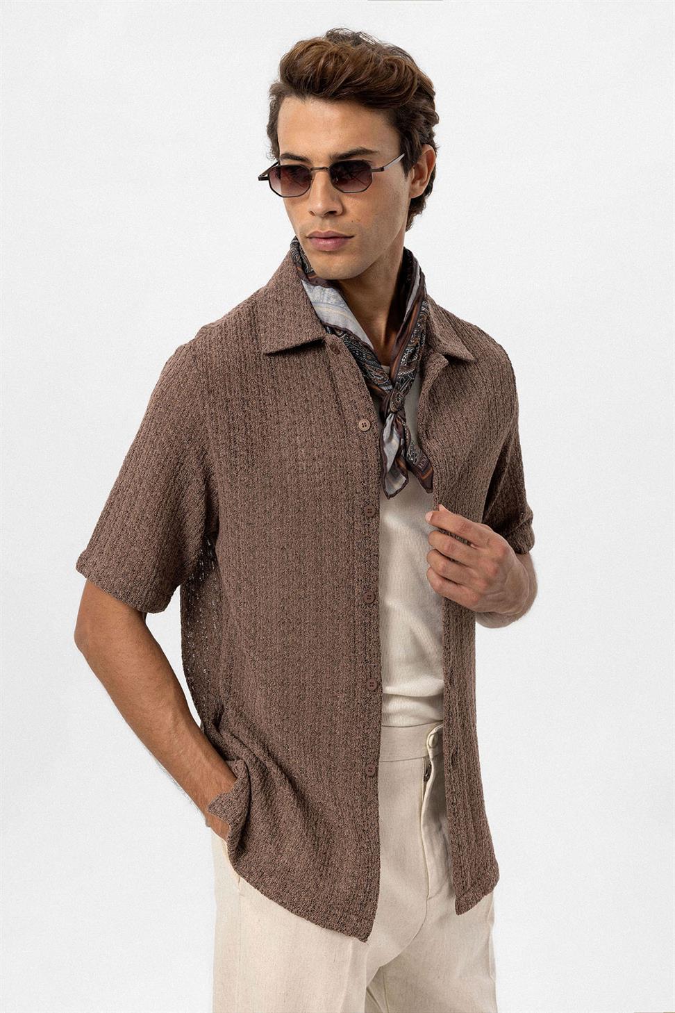 Antioch Kahve Dokulu Kroşe Erkek Gömlek